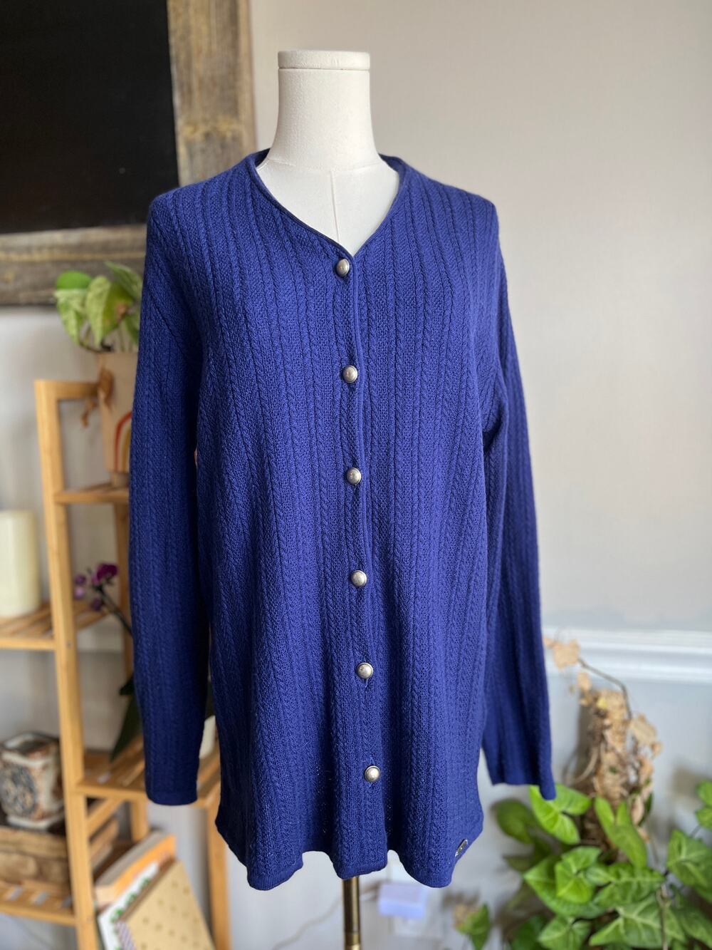 Vintage Y2K Geiger Blue Cardigan Sweater Cableknit Wool Size 42 Large